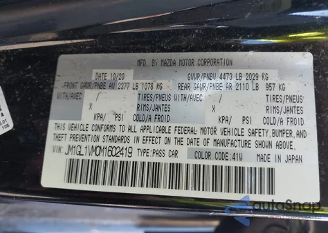 2021 Mazda Mazda6 Touring z USA, uszkodzony, nr VIN JM1GL1VM0M1602419